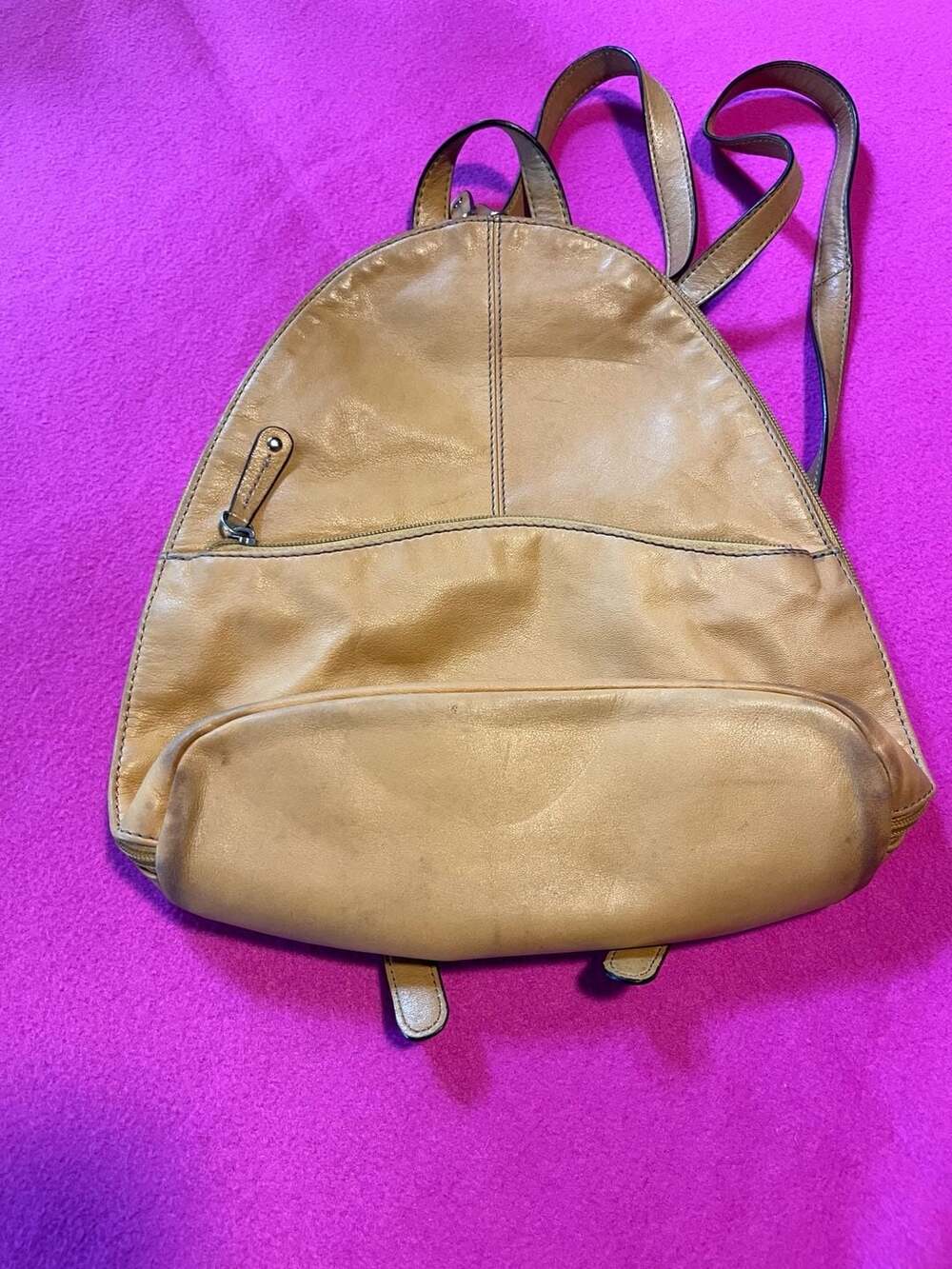 Tignanello Leather Dome Backpack Tan Striped Lining